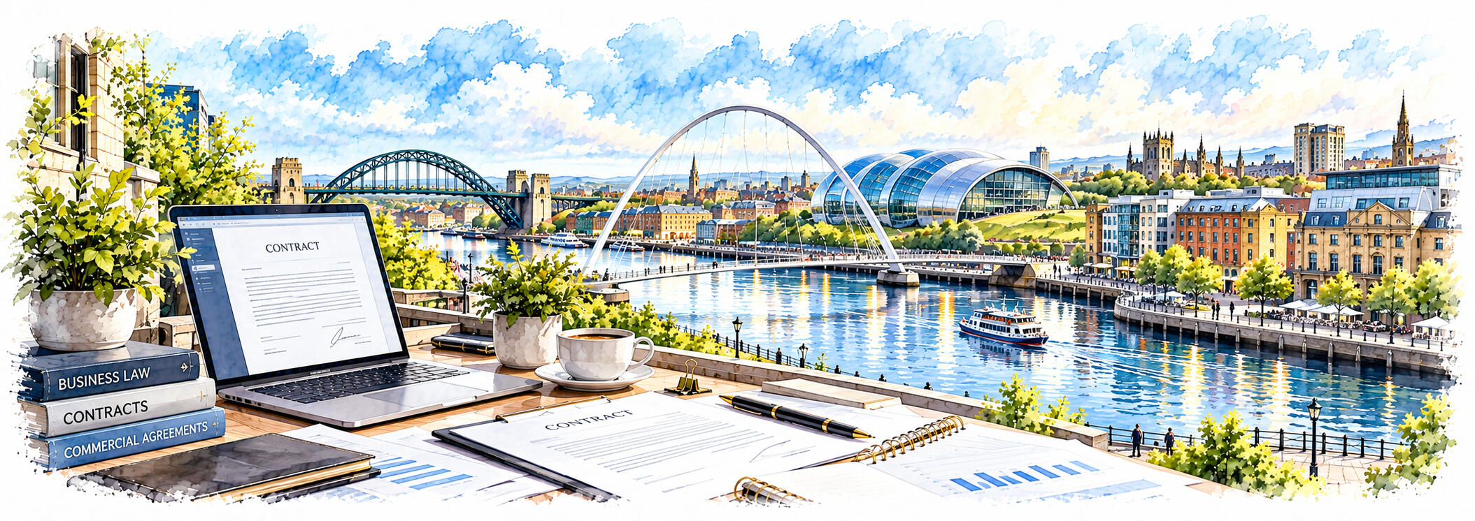 Newcastle upon Tyne skyline featuring the Tyne Bridge and surrounding city architecture