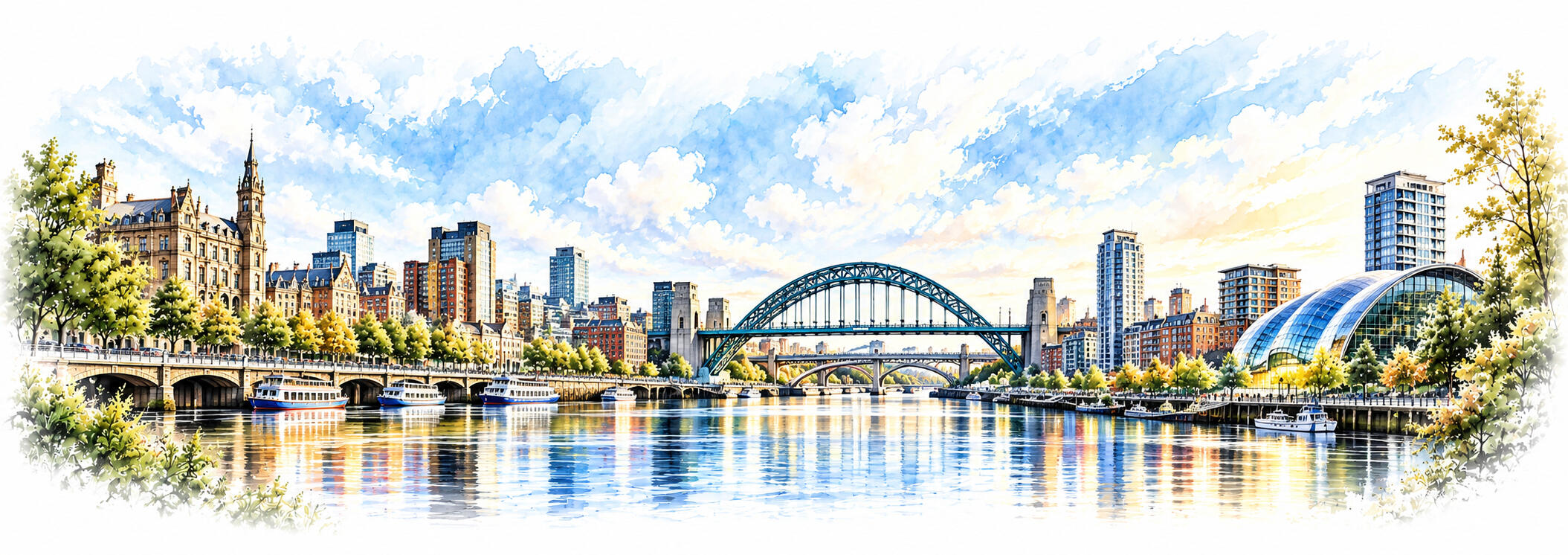 Newcastle upon Tyne skyline featuring the Tyne Bridge and surrounding city architecture