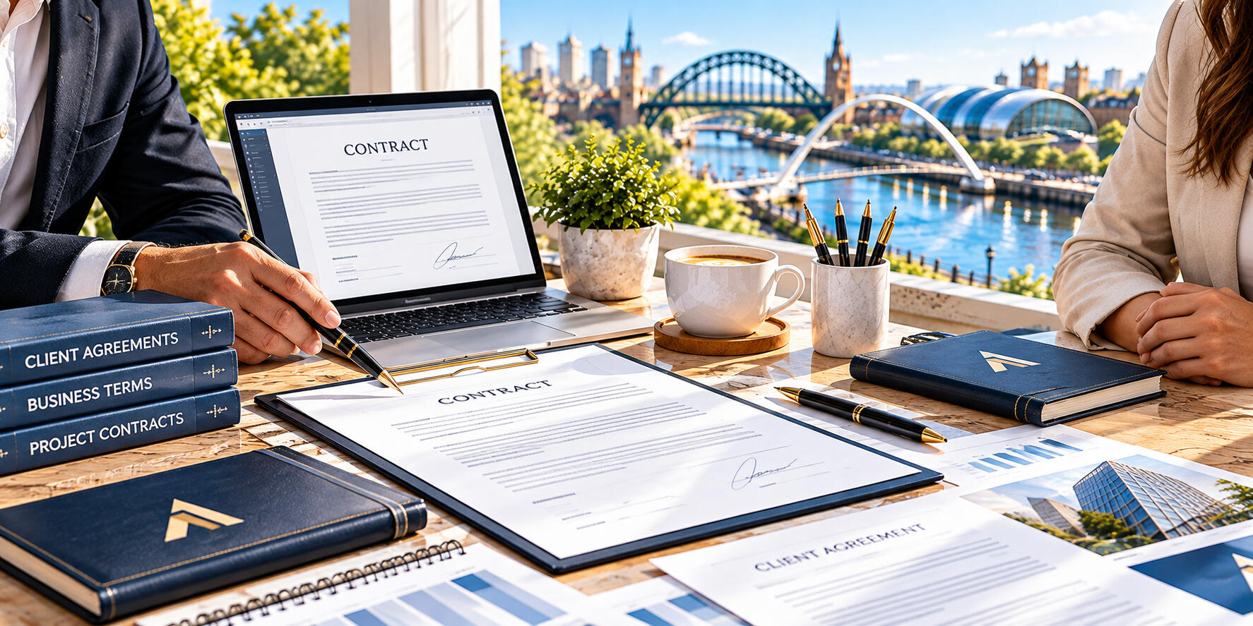 Client agreements, signed documents, and paperwork arranged on a desk to represent clear business relationships.