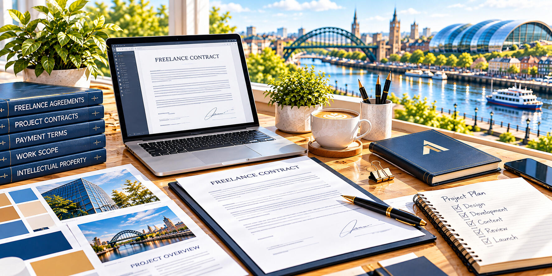 Freelance agreements, a laptop, project notes, and payment documents arranged on a desk for independent business work.