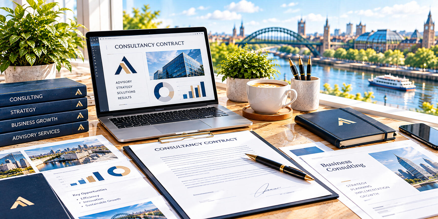 Consultancy Contracts – Peter Angel Consultancy agreements, business reports, and meeting notes displayed on a desk for client advisory services.