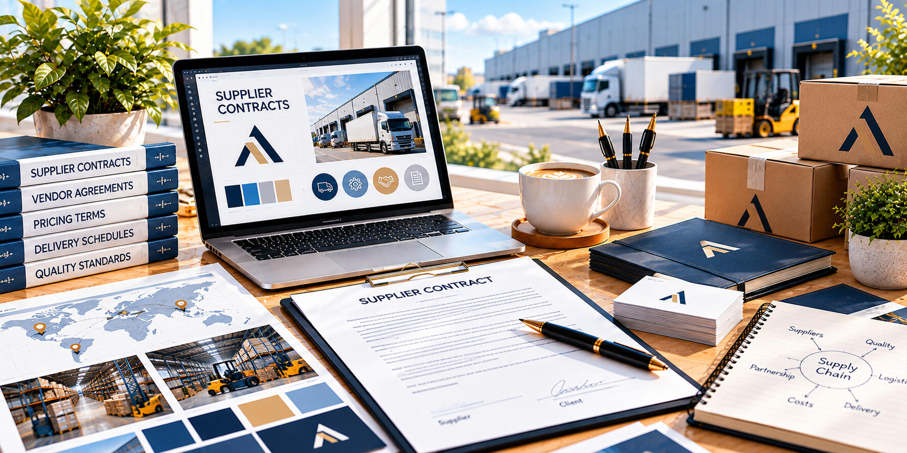 Supplier Contracts – Peter Angel Supplier agreements, purchase orders, and delivery paperwork arranged neatly to represent business supply arrangements.