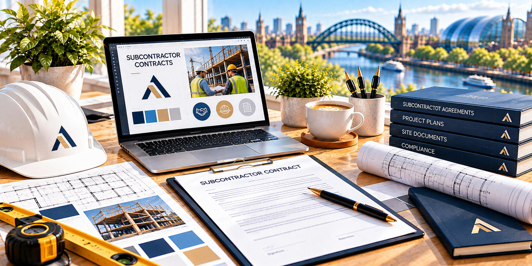 Subcontractor agreements, project plans, and construction documents displayed on a desk for business project coordination.