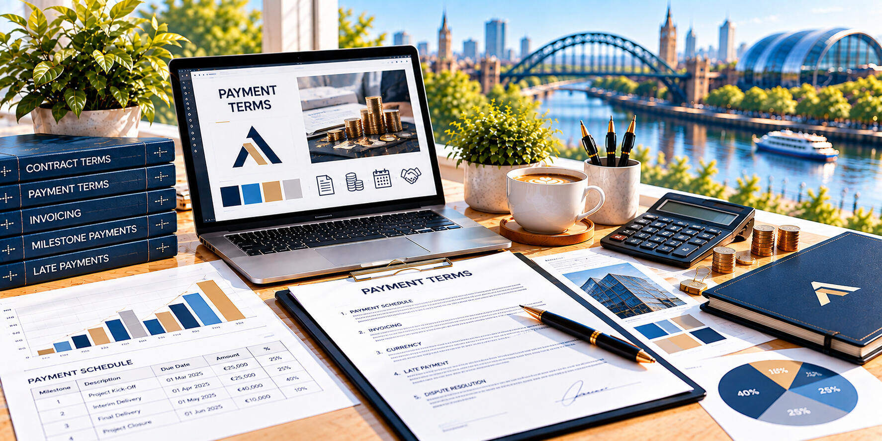 Payment Terms – Peter Angel Payment schedules, invoices, financial records, and a calculator arranged on a desk for managing business payments.