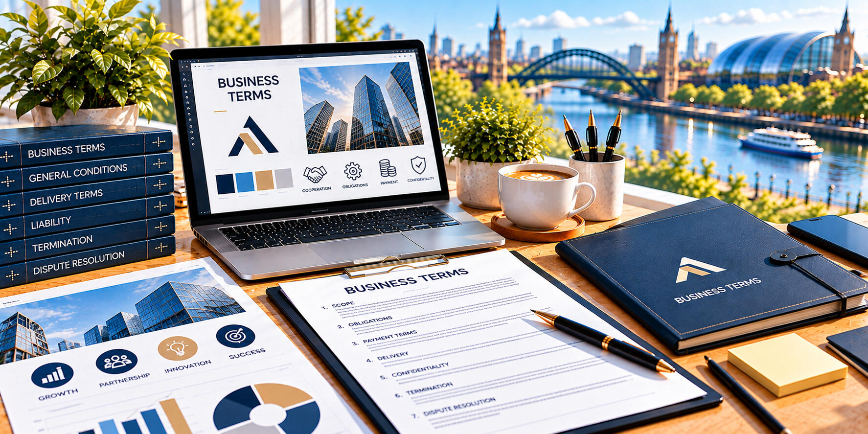 Business Terms and Conditions – Peter Angel Business terms, commercial agreements, and policy documents arranged on a desk to illustrate clear trading conditions.