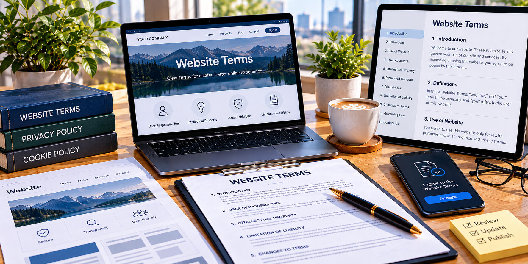 Website Terms and Conditions – Peter Angel Website terms displayed on a laptop beside a notebook and paperwork for online business policies.