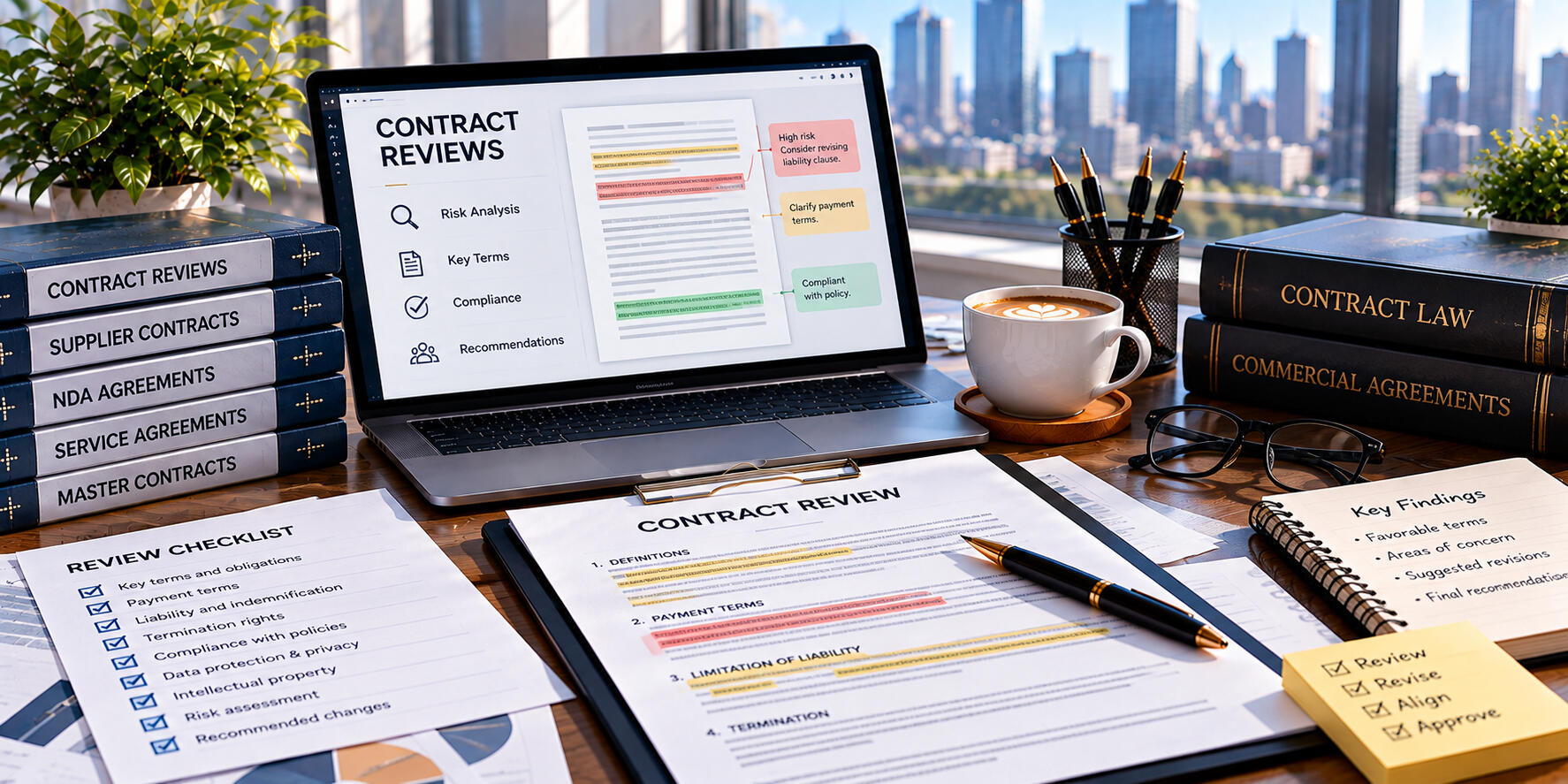 Contract Review Services – Peter Angel A business contract being examined alongside handwritten notes, highlighted clauses, and a pen on a desk.