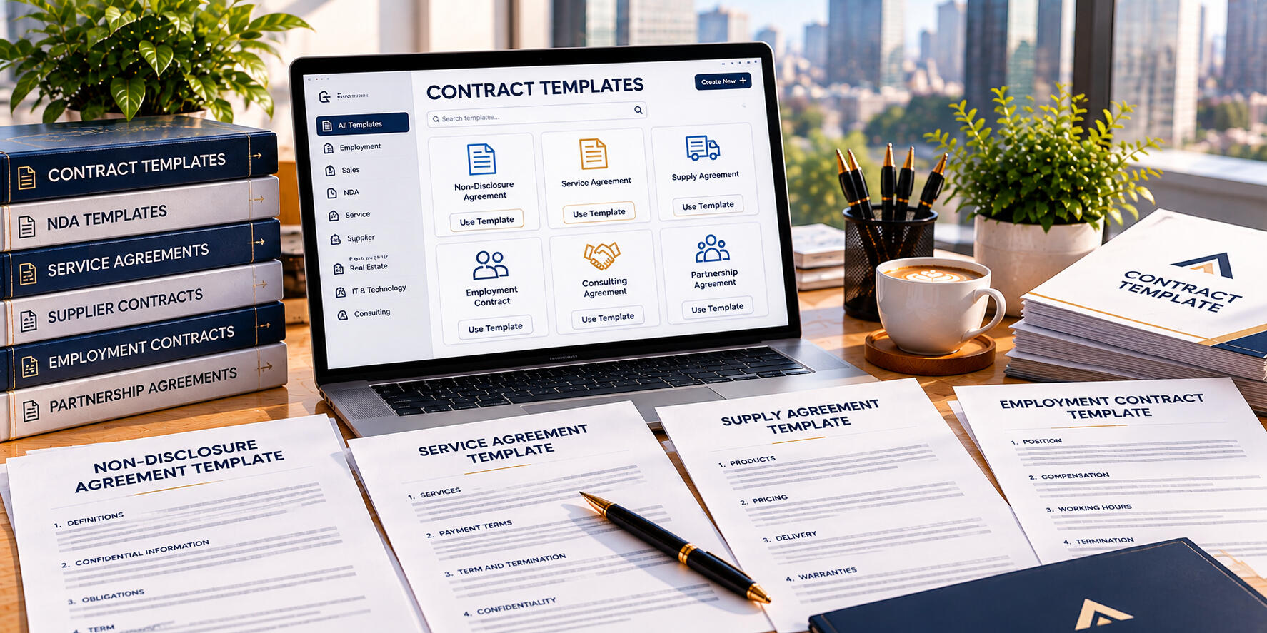 Editable contract templates displayed on a laptop beside printed agreements and a notebook for preparing business documents.