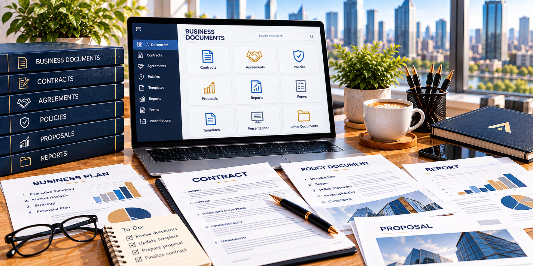 Business Documents – Peter Angel Business reports, commercial paperwork, signed agreements, and organised folders arranged on a desk for everyday business administration.